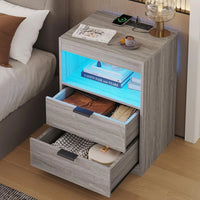 Led Nightstands Set Of 2, Grey Nightstand With Wireless Charging Station 2 Drawers, Modern Bedroom
