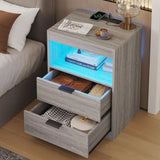 Led Nightstands Set Of 2, Grey Nightstand With Wireless Charging Station 2 Drawers, Modern Bedroom