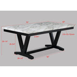 7pc Dining Table Set - White Marble & Black Finish, Black Faux Leather Upholstered Chairs
