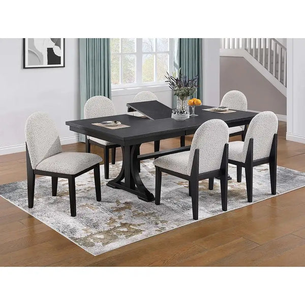 Traditional Dining Table & 6 Side Chairs Set, White Finish, Fabric Upholstered Chairs with Trestle Base