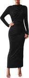 Women Bodycon Maxi Dress Long Sleeve Back Slit Ruched Elegant Party Cocktail Formal