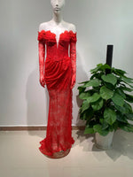 Fashionable Gloves Strapless Lace High Slit Red Lace Long Dress Celebrity Birthday Party Evening Dress stage