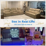 Beige Leather Reclining Sofa and Loveseat Set with Drop-Down Table for Living Room