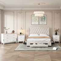 4-Pieces Bedroom Sets Queen Size Upholstered Bed with 3 Drawers,Mirrored Nightstands and Dresser