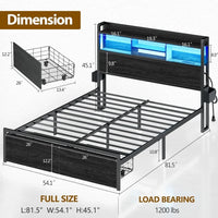 Bed Frame with Wood Headboard, Metal Platform Bed Frame Full Size with Storage Drawers and Shelf,LED Lights