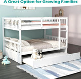 Full Bunk Bed with Trundle, Solid Wood Trundle Bed Frame w/Guardrails and Ladder, Convertible to 2 Beds