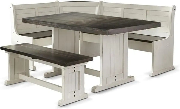 Wood Kitchen Corner Breakfast Dining Nook Set with Hidden Storage in Off White Dark Brown