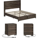 3 Piece Bedroom Set Including Farmhouse Full Size Bed Frame with Slatted Headboard  Nightstands Set
