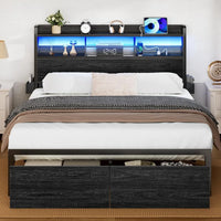 Bed Frame with Wood Headboard, Metal Platform Bed Frame Full Size with Storage Drawers and Shelf,LED Lights