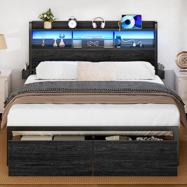 Bed Frame with Wood Headboard, Metal Platform Bed Frame Full Size with Storage Drawers and Shelf,LED Lights