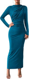 Women Bodycon Maxi Dress Long Sleeve Back Slit Ruched Elegant Party Cocktail Formal