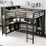 Queen Size Metal Loft Bed with Wardrobe & L-shaped Desk, Heavy Duty Storage Bed