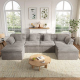 Sectional Couch with Ottoman Modern Upholstered Compressed Sofa Deep Seat, Comfy U-Shape Corduroy Couches
