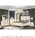 5-Piece Bedroom Set with Storage Footboard, Dresser, Mirror, Nightstand, and Chest in White Marble Finish