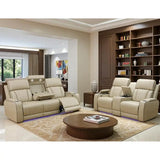 Beige Leather Reclining Sofa and Loveseat Set with Drop-Down Table for Living Room