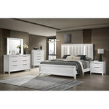 King Size Bed 2 Nightstands 3-Piece Set with Panel Bed and Upholstered LED Headboard in White Finish - Solid Wood