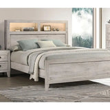 Queen Size Bed with Headboard, Shelves, and Lighting in White Wash Finish
