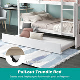 Full Bunk Bed with Trundle, Solid Wood Trundle Bed Frame w/Guardrails and Ladder, Convertible to 2 Beds