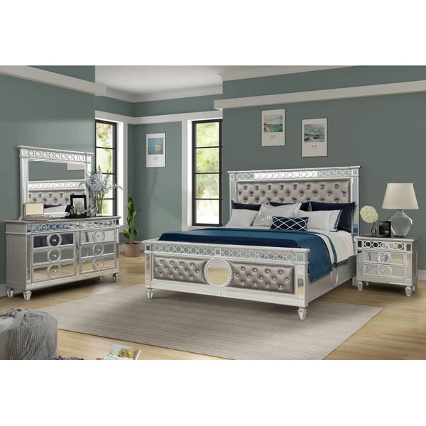 Modern Style Mirror Front Queen 4 Piece Upholstery Bedroom Set made with Wood，For bedroom