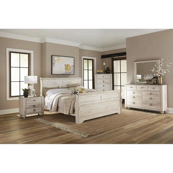 White Wash Finish King Sleigh Bed Bedroom Set with Dresser, Mirror, 2 Nightstands, and Chest