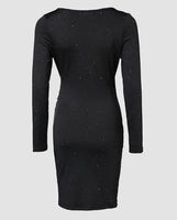 Elegant Black V-Neck Long Sleeve Mini Dress with Glitter Detail - Stretchy Polyester  Ruched Cocktail Party Gown