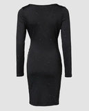Elegant Black V-Neck Long Sleeve Mini Dress with Glitter Detail - Stretchy Polyester  Ruched Cocktail Party Gown