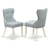 Style 9 Piece Set Includes a Rectangle Dining Room Table with X-Legs and 8 Baby Blue Linen Fabric Upholstered Chairs