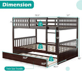 Full Bunk Bed with Trundle, Solid Wood Trundle Bed Frame w/Guardrails and Ladder, Convertible to 2 Beds