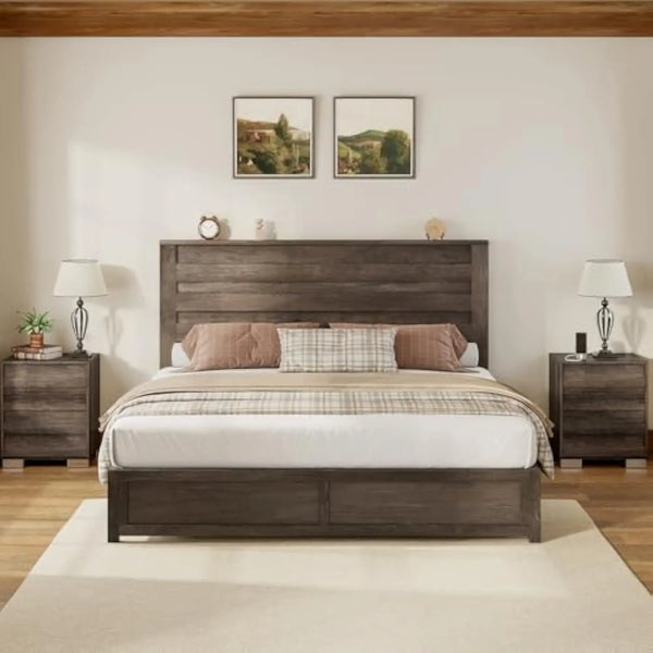 3 Piece Bedroom Set Including Farmhouse Full Size Bed Frame with Slatted Headboard  Nightstands Set