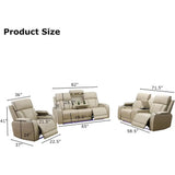 Beige Leather Reclining Sofa and Loveseat Set with Drop-Down Table for Living Room