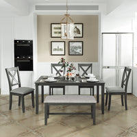 Kitchen Dining Set 6-Piece Black 4 Dining Chairs And Bench Home Family Furniture Rectangular Table