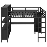 Queen Size Metal Loft Bed with Wardrobe & L-shaped Desk, Heavy Duty Storage Bed