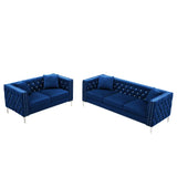 2 Piece Modern Velvet Living Room Set with Sofa and Loveseat,Jeweled Button Tufted Copper Nails Square Arms