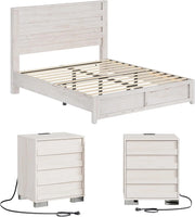 3 Piece Bedroom Set Including Farmhouse Full Size Bed Frame with Slatted Headboard  Nightstands Set