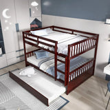 Full Bunk Bed with Trundle, Solid Wood Trundle Bed Frame w/Guardrails and Ladder, Convertible to 2 Beds