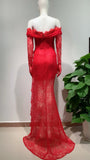 Fashionable Gloves Strapless Lace High Slit Red Lace Long Dress Celebrity Birthday Party Evening Dress stage