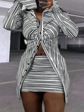 Women's Striped Two-Piece Set - Long-Sleeve Button-Down Shirt & Mini Skirt