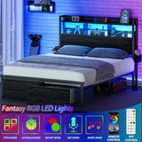 Bed Frame with Wood Headboard, Metal Platform Bed Frame Full Size with Storage Drawers and Shelf,LED Lights