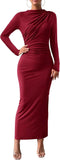 Women Bodycon Maxi Dress Long Sleeve Back Slit Ruched Elegant Party Cocktail Formal