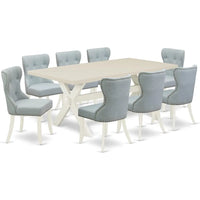 Style 9 Piece Set Includes a Rectangle Dining Room Table with X-Legs and 8 Baby Blue Linen Fabric Upholstered Chairs