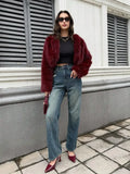 Fall/Winter Women's Fashionable Elegant Minimalist Burgundy Long Sleeve Short Faux Fur Coat, New Arrival