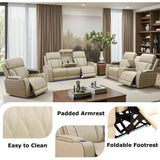 Beige Leather Reclining Sofa and Loveseat Set with Drop-Down Table for Living Room