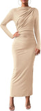 Women Bodycon Maxi Dress Long Sleeve Back Slit Ruched Elegant Party Cocktail Formal