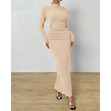 Women Bodycon Maxi Dress Long Sleeve Back Slit Ruched Elegant Party Cocktail Formal