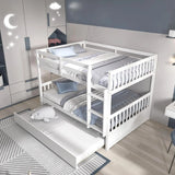 Full Bunk Bed with Trundle, Solid Wood Trundle Bed Frame w/Guardrails and Ladder, Convertible to 2 Beds