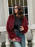 Fall/Winter Women's Fashionable Elegant Minimalist Burgundy Long Sleeve Short Faux Fur Coat, New Arrival