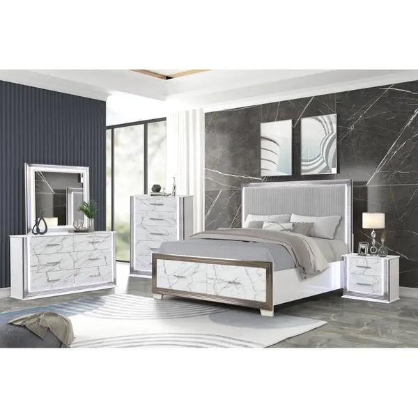 5-Piece Bedroom Set with Storage Footboard, Dresser, Mirror, Nightstand, and Chest in White Marble Finish