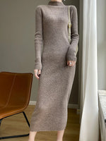 Autumn Winter Long Sleeve  Dress For Women 100% Merino Wool Soft Casual  Mock Neck