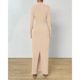 Women Bodycon Maxi Dress Long Sleeve Back Slit Ruched Elegant Party Cocktail Formal