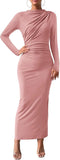 Women Bodycon Maxi Dress Long Sleeve Back Slit Ruched Elegant Party Cocktail Formal
